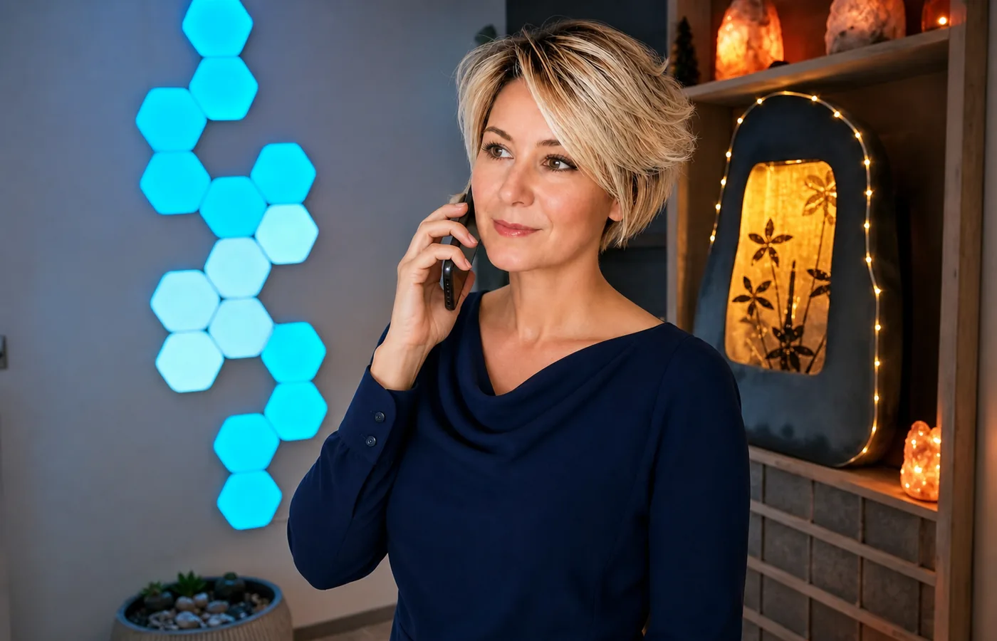 Elise telefonon egyeztet időpontot a Mentál-Kuckó színes fényfalánál