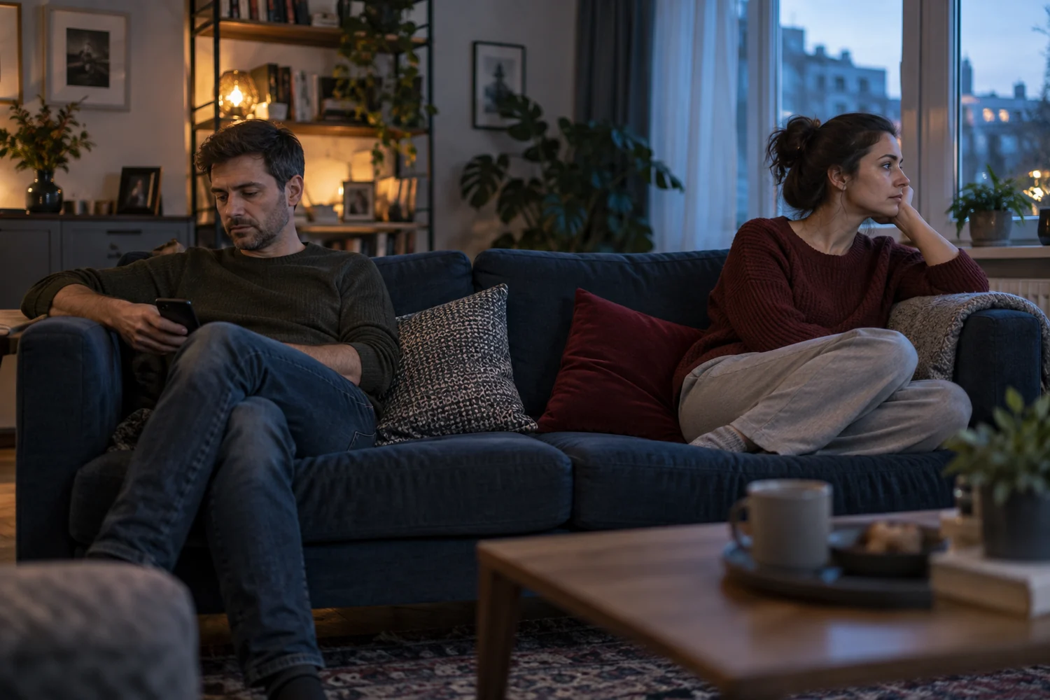 Egy pár a kanapé két végén, egymástól elfordulva, esti fényben
